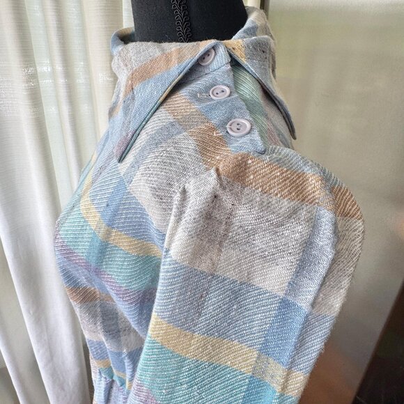 Vintage 80s dress, blue, purple, yellow, white, pastel plaid; asymmetric collar - Picture 4 of 10